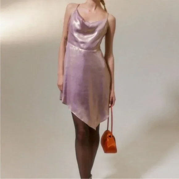 Urban Outfitters | Mallory Metallic Asymmetrical Slip Dress New Lavender Purple - Picture 4 of 10